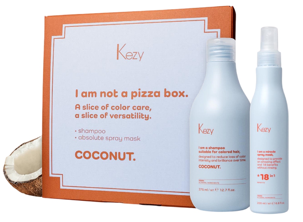 Kezy I am Набор " Я не пицца"( Шампунь с экстрактом кокоса 375 мл+SPRAY MASK 18 в 1)